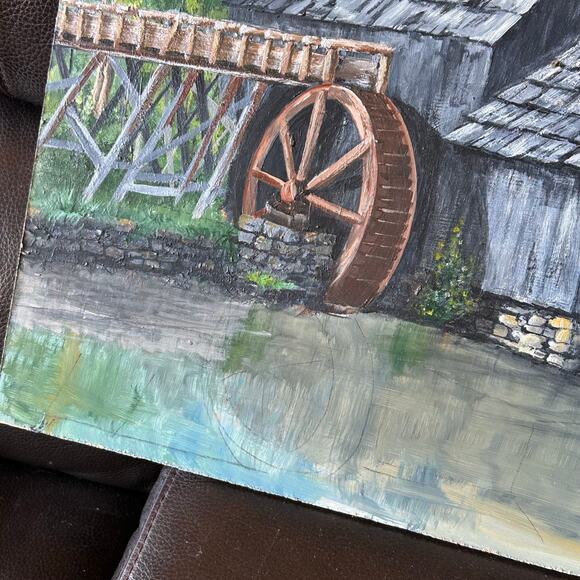 Mid Century Oil Painting Water Wheel Original Art Paintings farmhouse - Picture 3 of 9